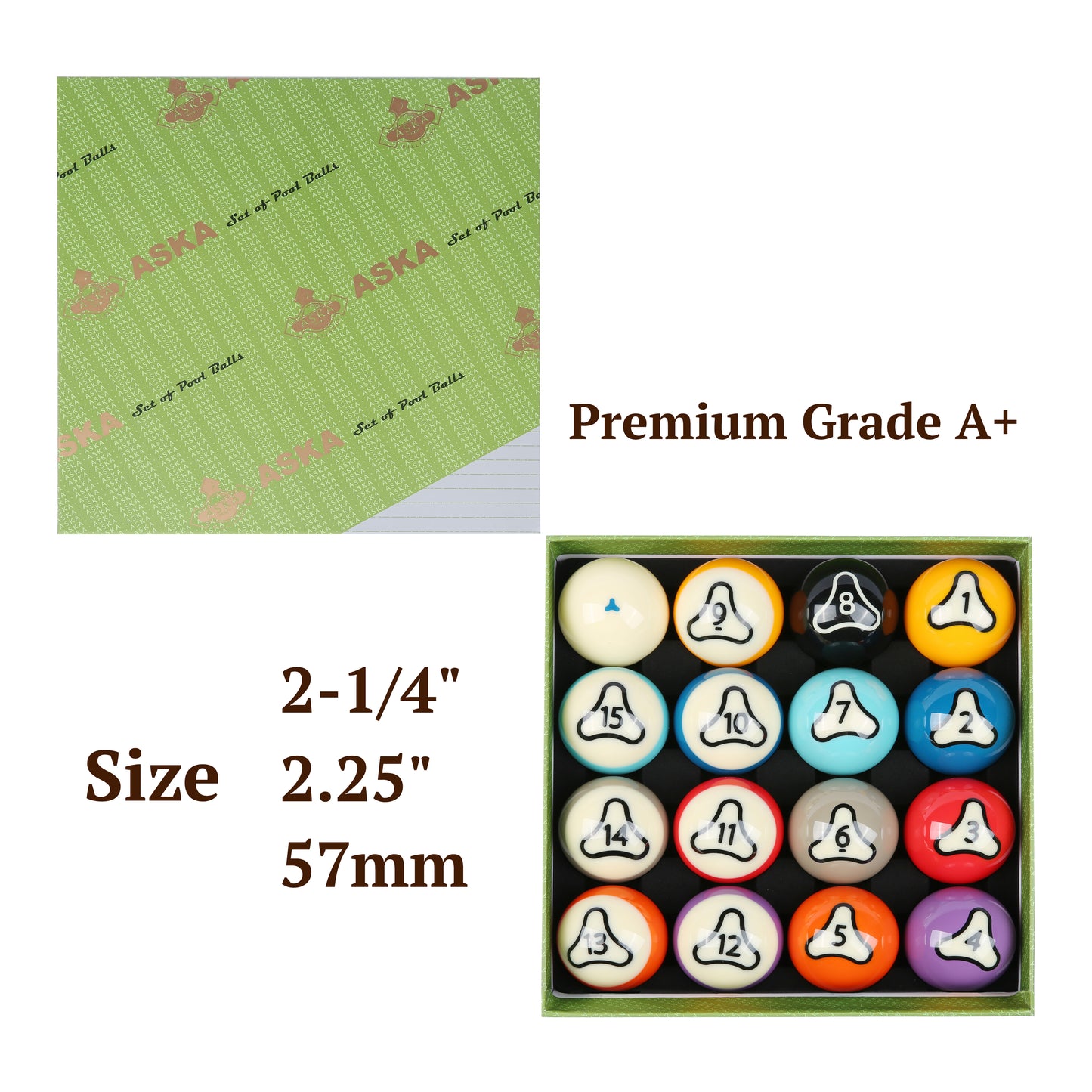 Aska Billiards Grade A Pool Boston Numbered Balls Set, 16 Balls Including a Cue Ball, 2 1/4 inch, PB14