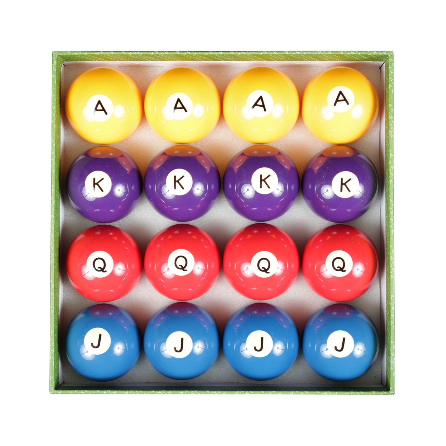 ASKA Grade A POKER Balls Set, 16 balls in green box, overhead view. PBPOKER