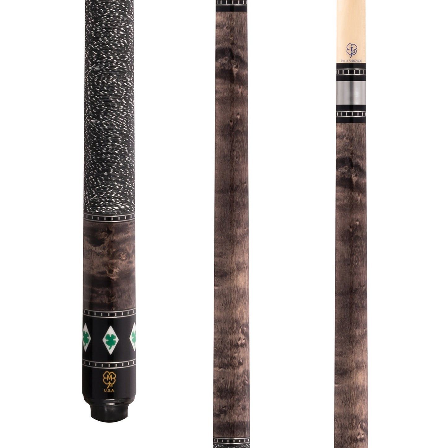 Close-up view of pool cue features including a speckled butt and wood grain accents.