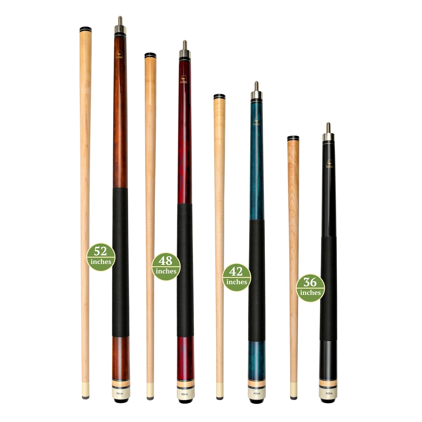 Set of billiard cues with dimensions and weight information displayed.