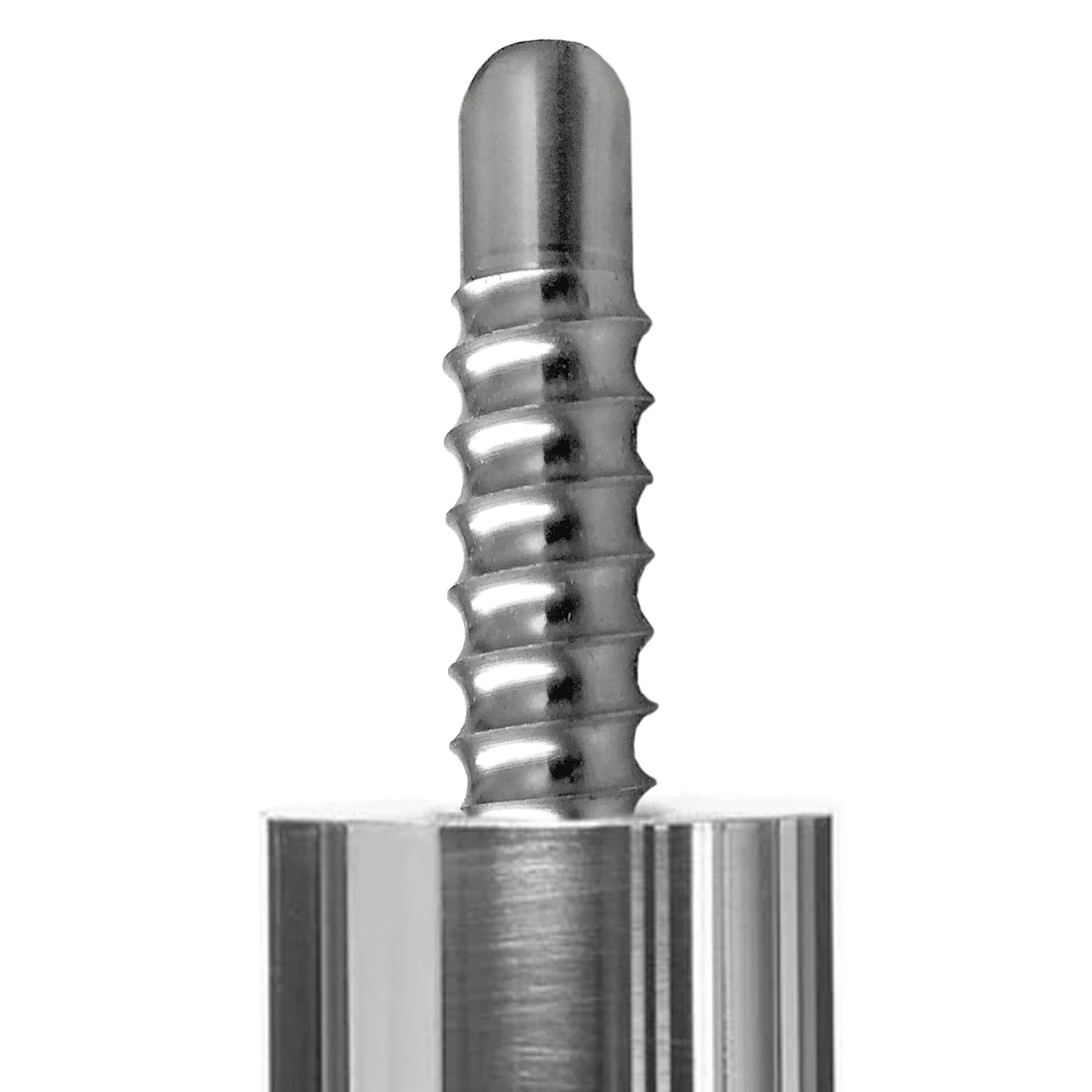 Close-up of a threaded pin on a billiard cue joint protector.