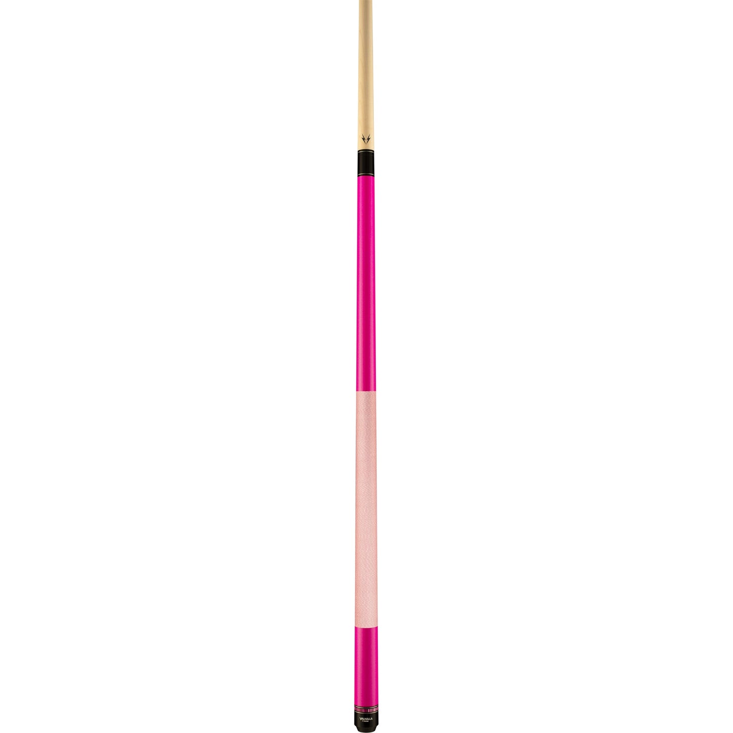 Angled view of the two-toned pink cue stick.