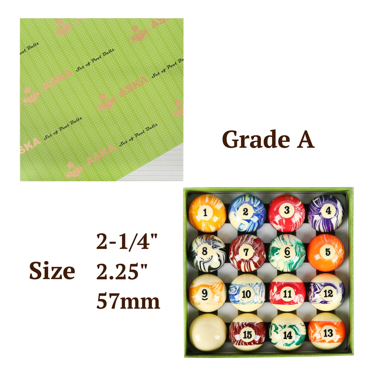 Aska Billiards Pool Boston Numbered Balls Set, 16 Balls Including a Cue Ball, 2 1/4 inch, PB02