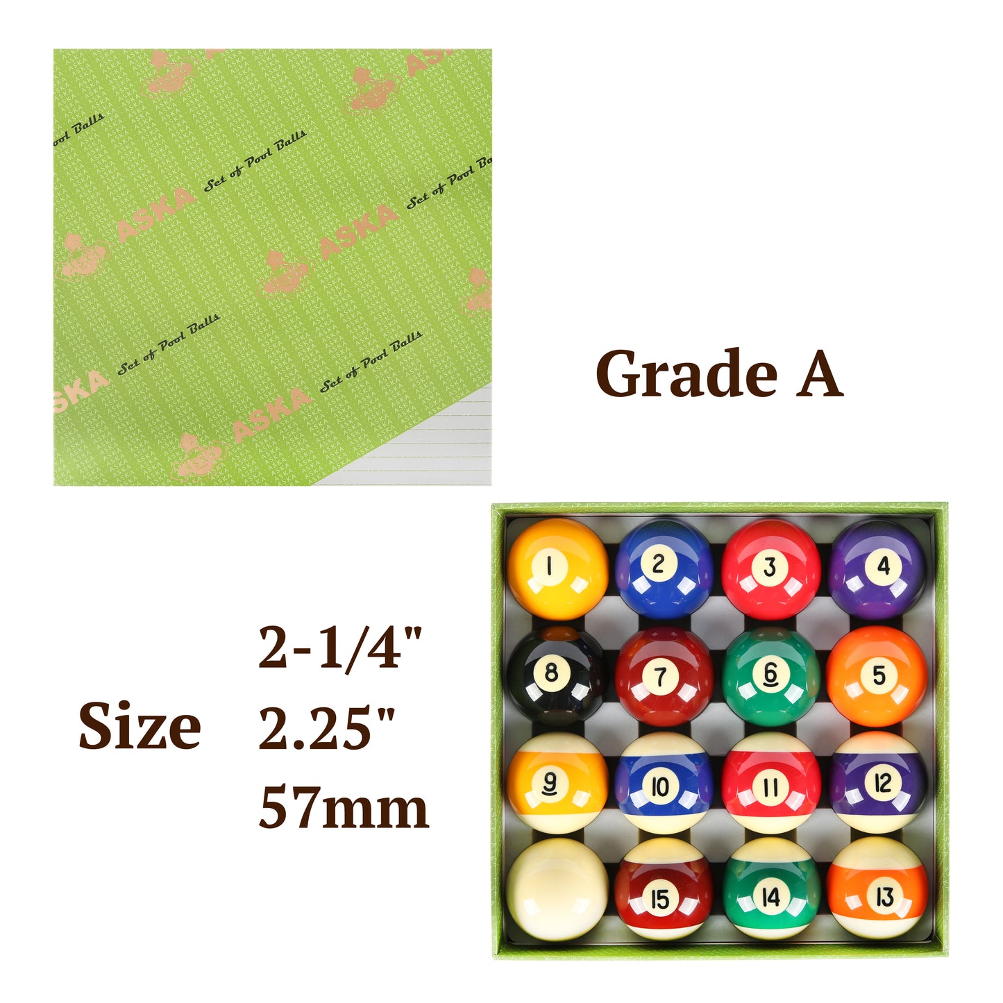 Aska Billiards Pool Boston Numbered Balls Set, 16 Balls Including a Cue Ball, 2 1/4 inch, PB01A