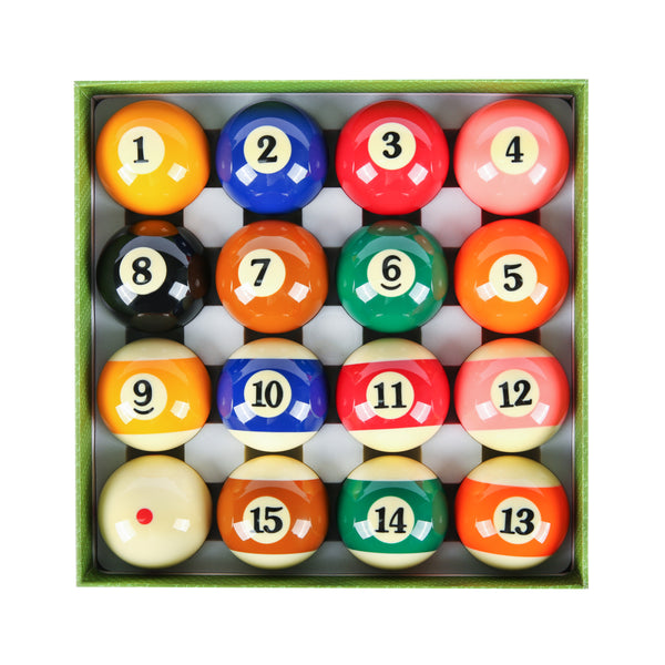 ASKA Boston billiard balls set, numbered balls with cue ball in green box. PB