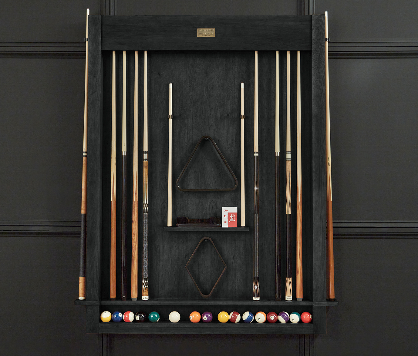 Interior display of Alta cue rack with doors open, showing cue storage and ball