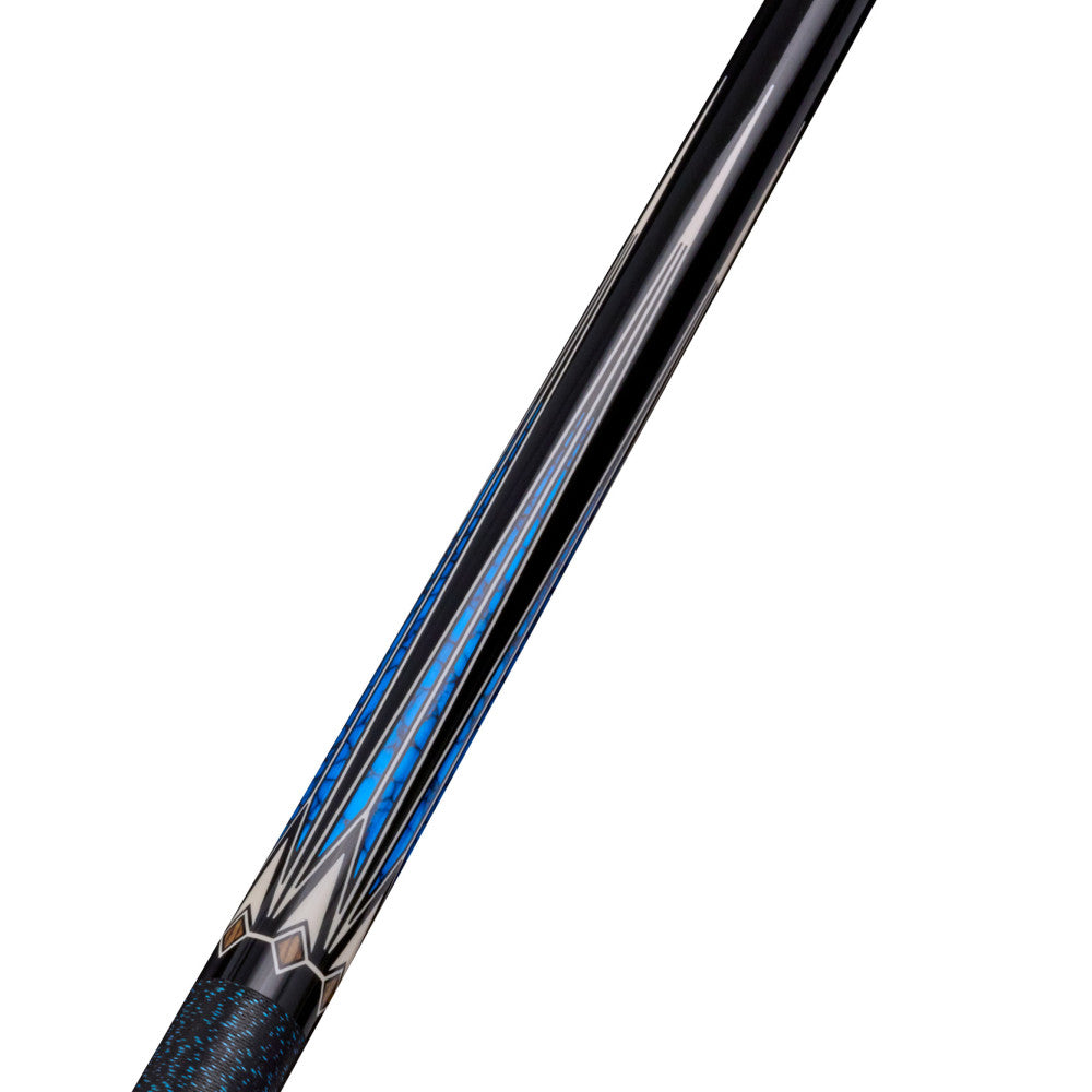 Detailed view of the Azure Wave design along the pool cue's shaft.