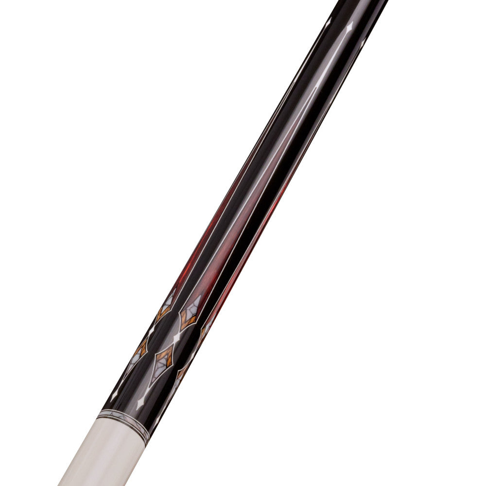 Detailed view of the cue's black forearm with inlaid diamonds.