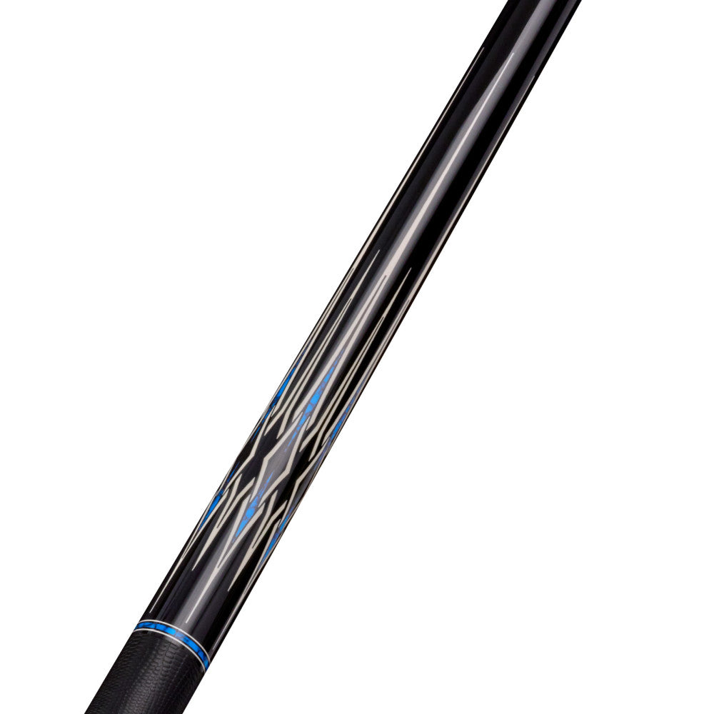 Detailed view of the Blue Ridge Cue shaft featuring blue and white graphic design.