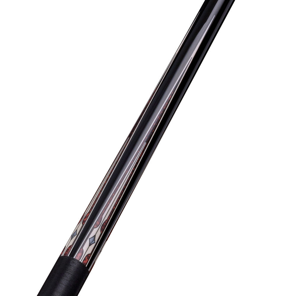 Detailed view of the cue's inlay pattern and glossy finish.