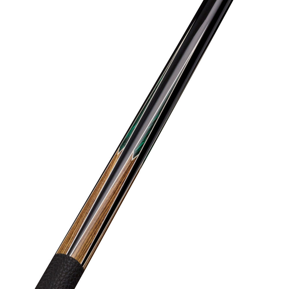 Angled view showcasing the shaft's intricate wood and green inlay pattern.