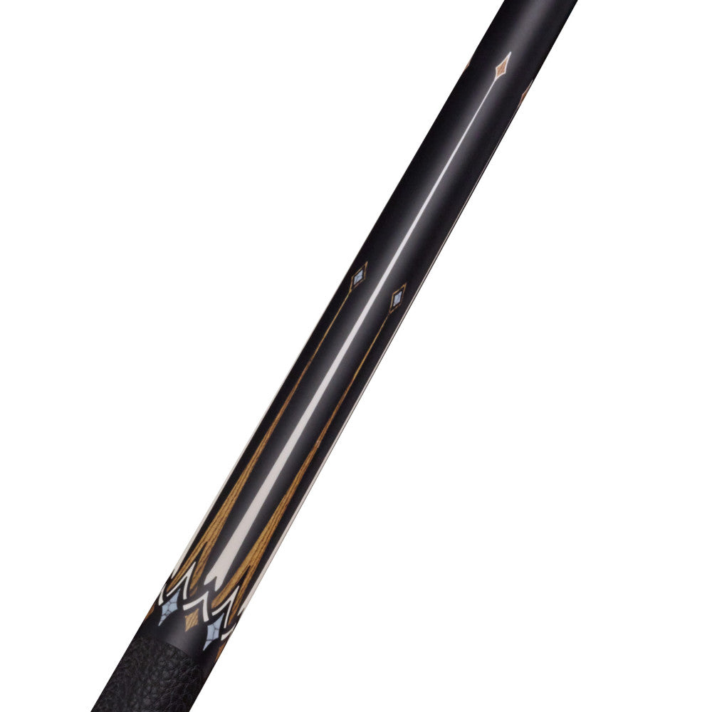 Partial view of cue showing decorative points and a leather grip.