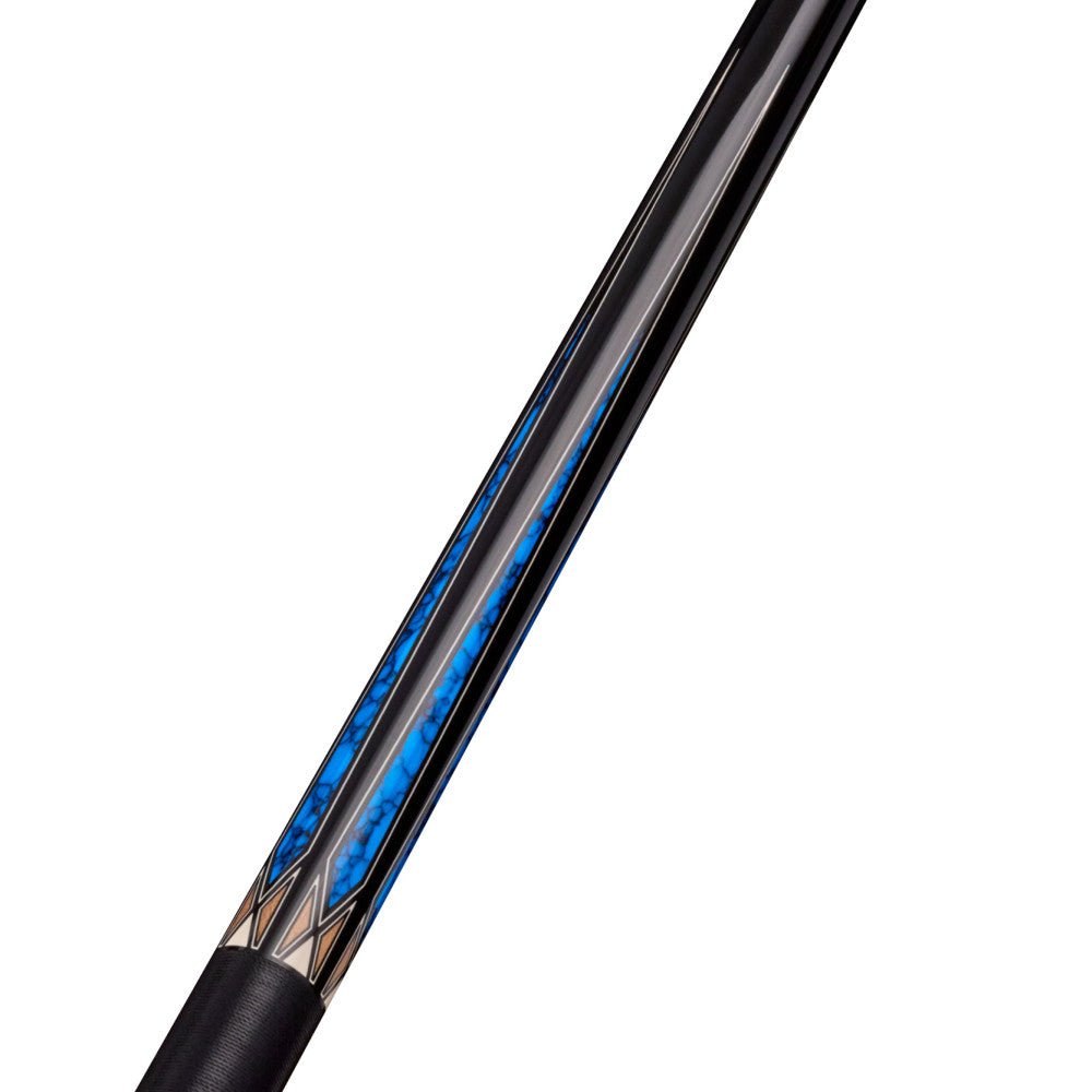 Detail shot of the cue shaft featuring blue inlay designs.