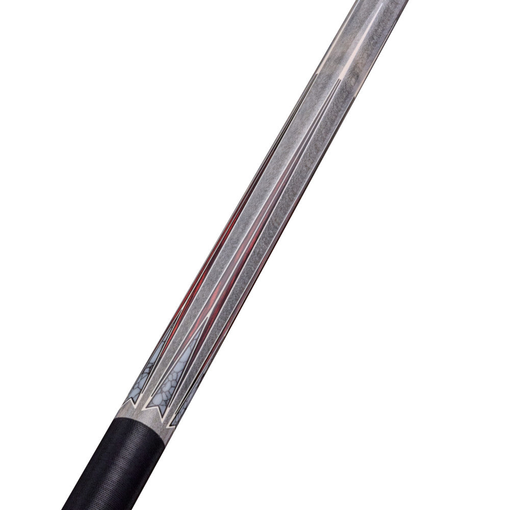 Detailed view of the cue shaft's unique graphic design and wood grain.