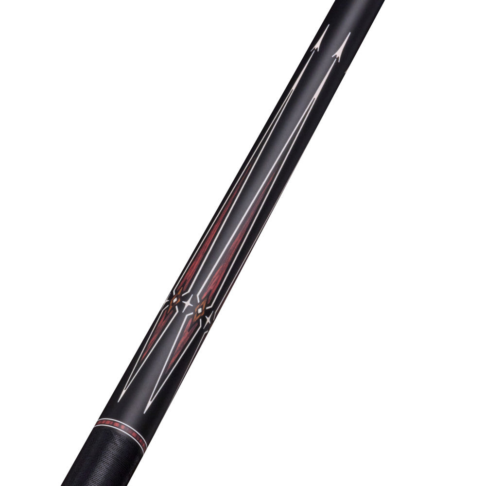 Detailed view of the cue shaft's decorative graphic design and design.