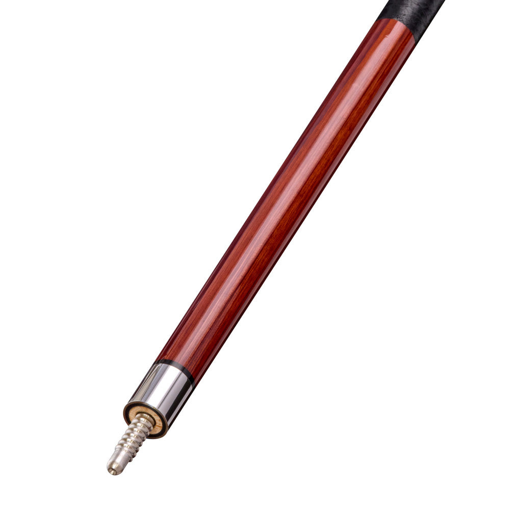 Detail of the ferrule and threaded joint of a billiard cue shaft.