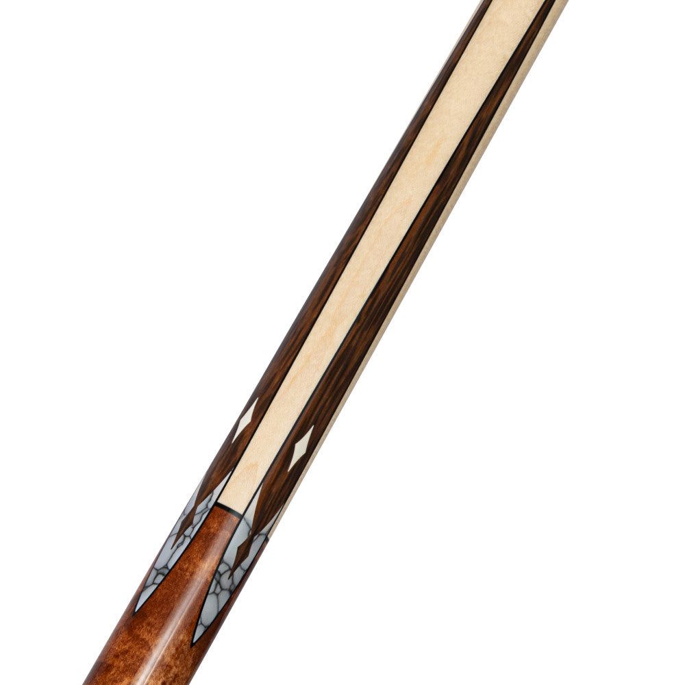 Detailed view of the cue's forearm and distinctive wood grain pattern.
