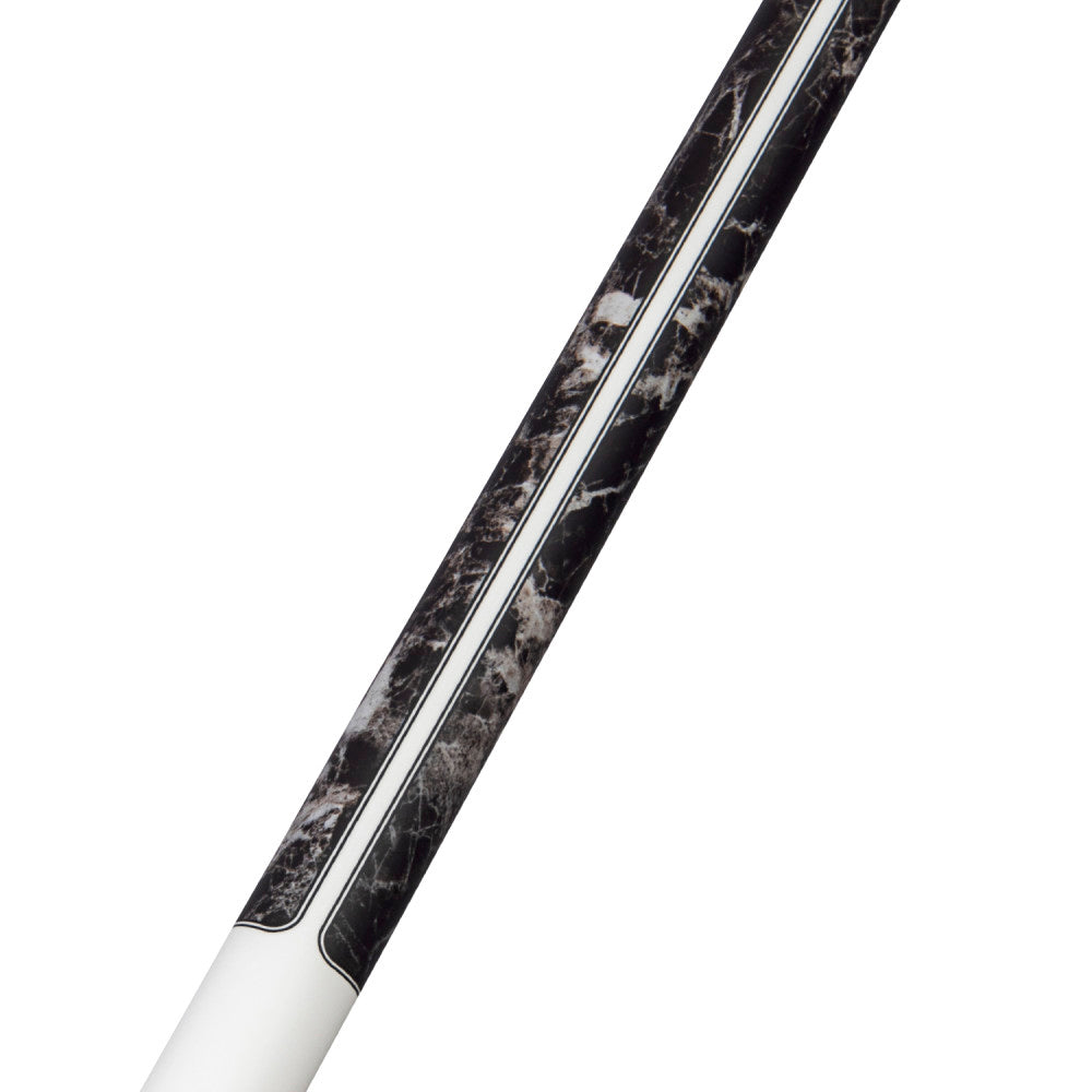 Detail of the pool cue shaft's marble inlay design and white section