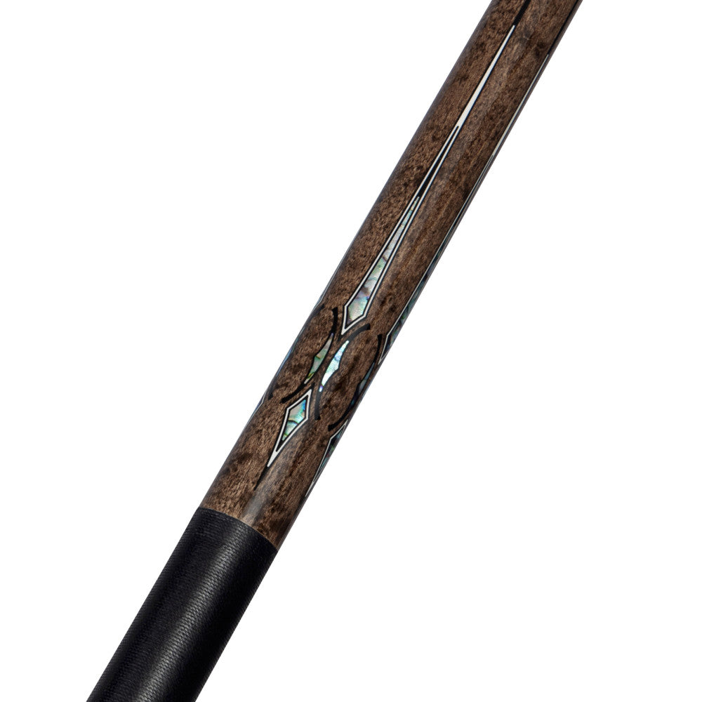 Detail of the cue's shaft featuring a light grey wood grain and decorative inlay