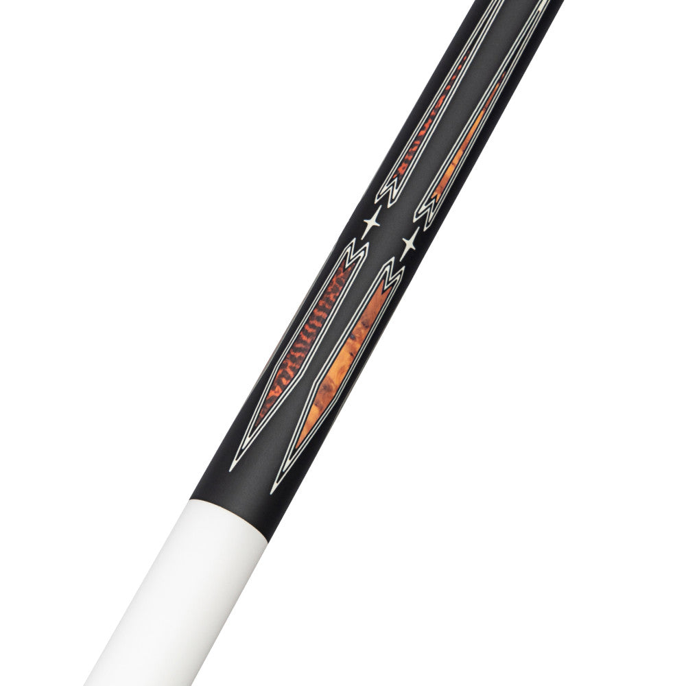 Detail view of the cue's wrapless design and wood graphic design.