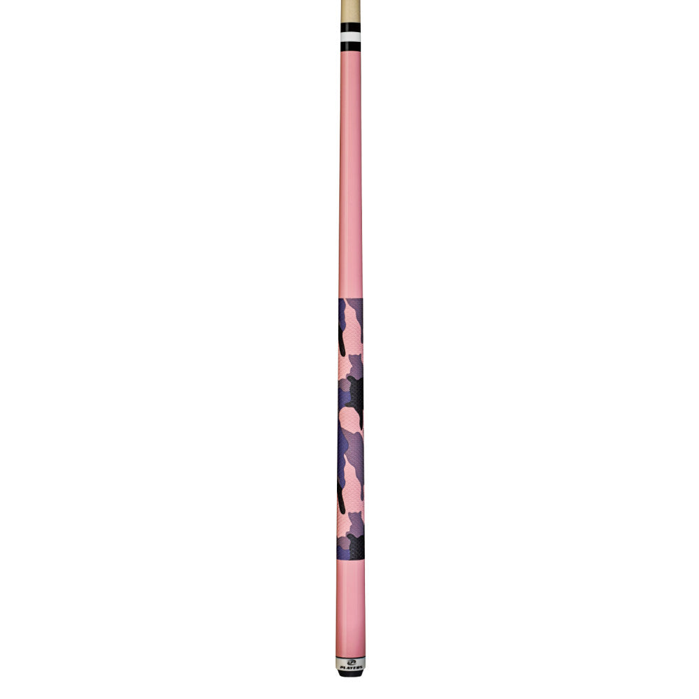 Full view of the pink camo shorty pool cue.