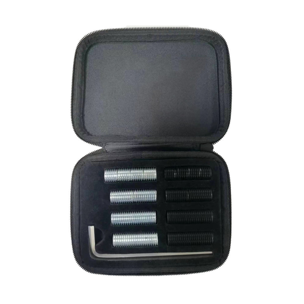 Open zippered case displays billiard weight bolts and an Allen wrench.