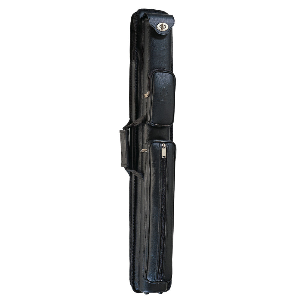 Close-up angled view of the black pool cue case.