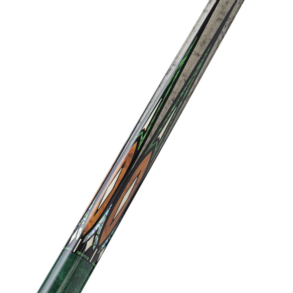 Detailed shot of the cue shaft with geometric pattern and natural wood grain.