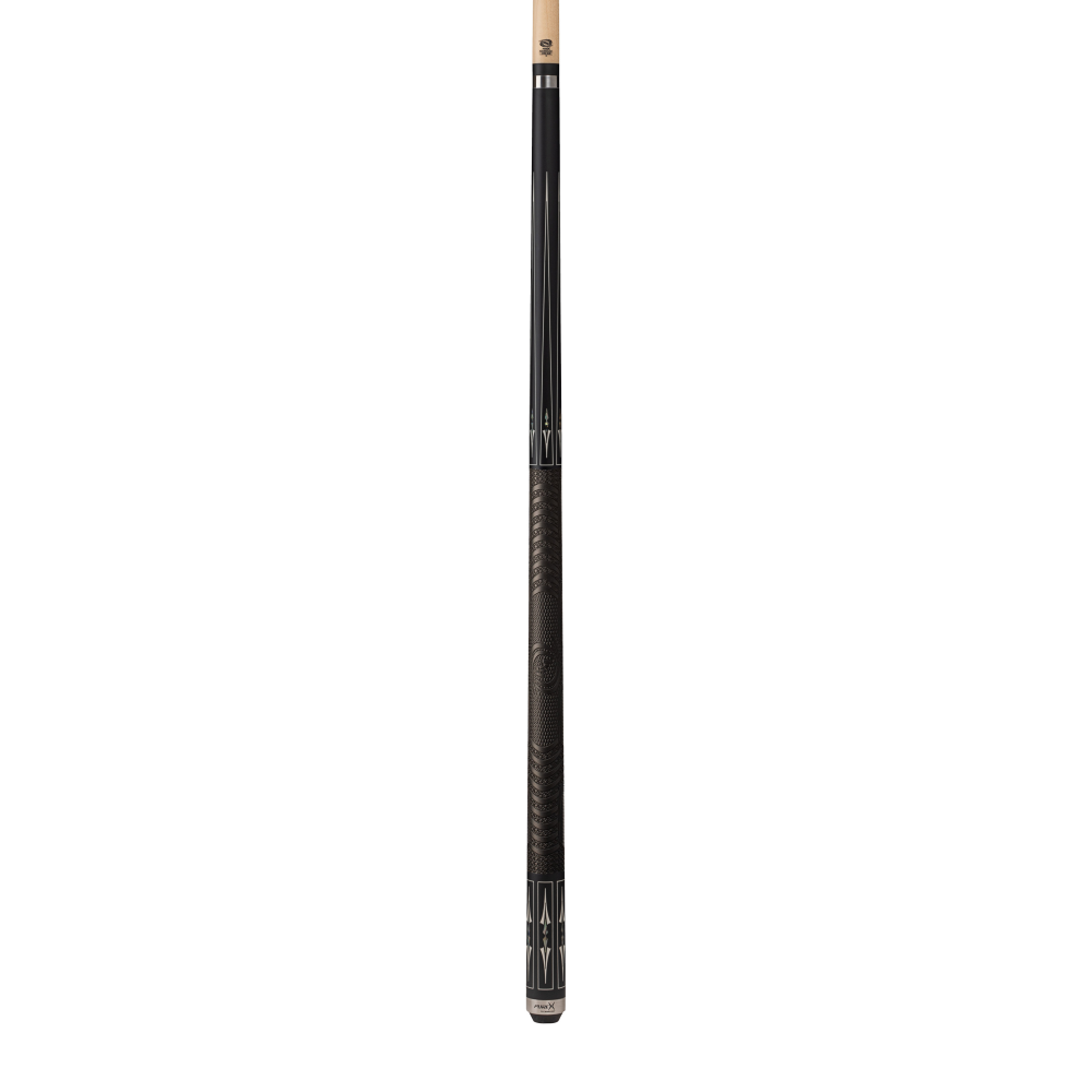 Full view of a pool cue with black grip and decorative graphic design.