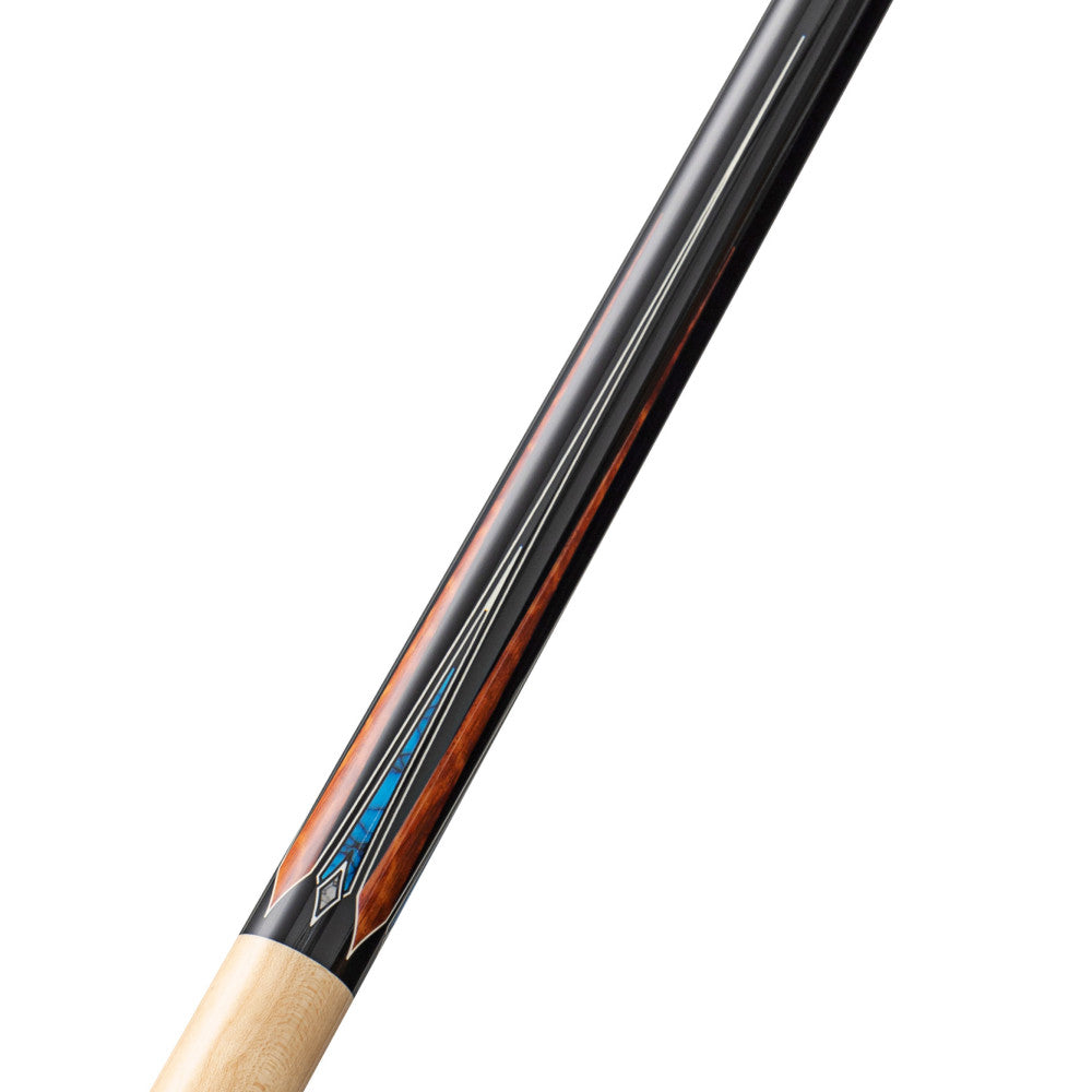Detailed view of the wood inlay and blue accents on the cue shaft.