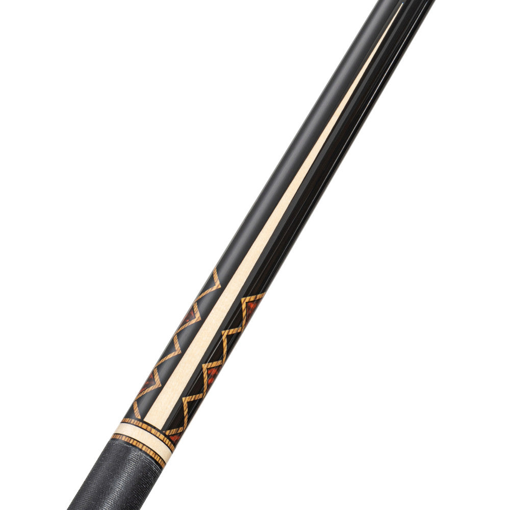 Profile view of the cue's forearm with natural maple and Bocote and Thuya burl