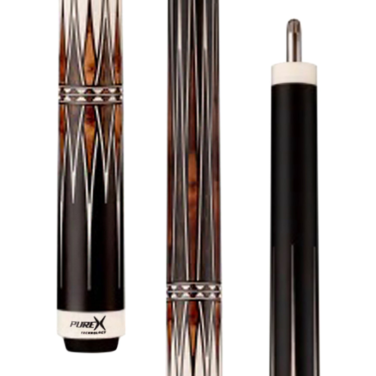 Multi-view of the cue showing butt, shaft, and ferrule sections.