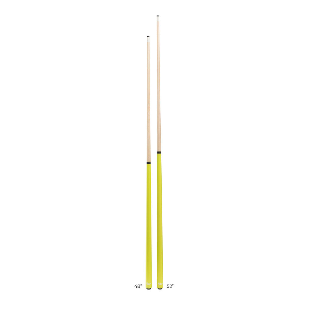 Comparison of two youth pool cues in 48-inch and 52-inch sizes.