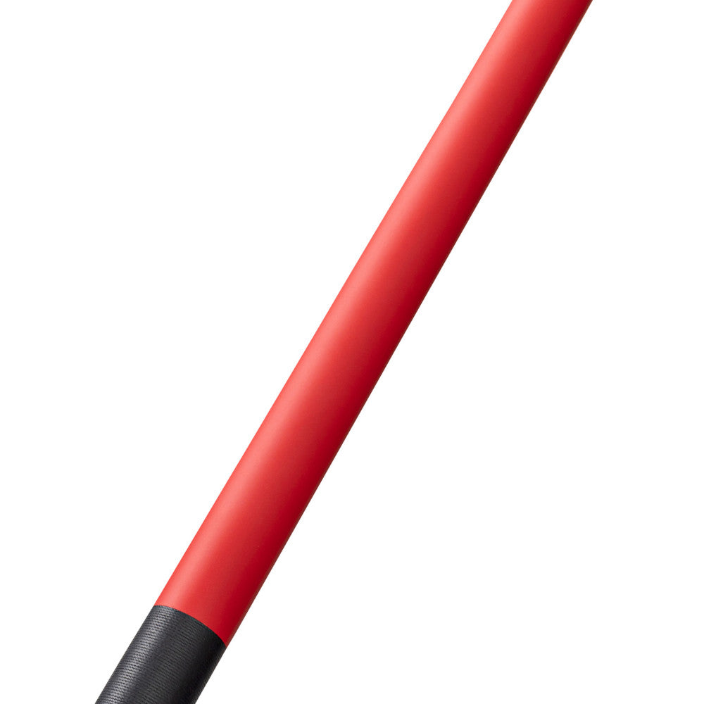 Detail of the red cue shaft with a black grip section at its end.