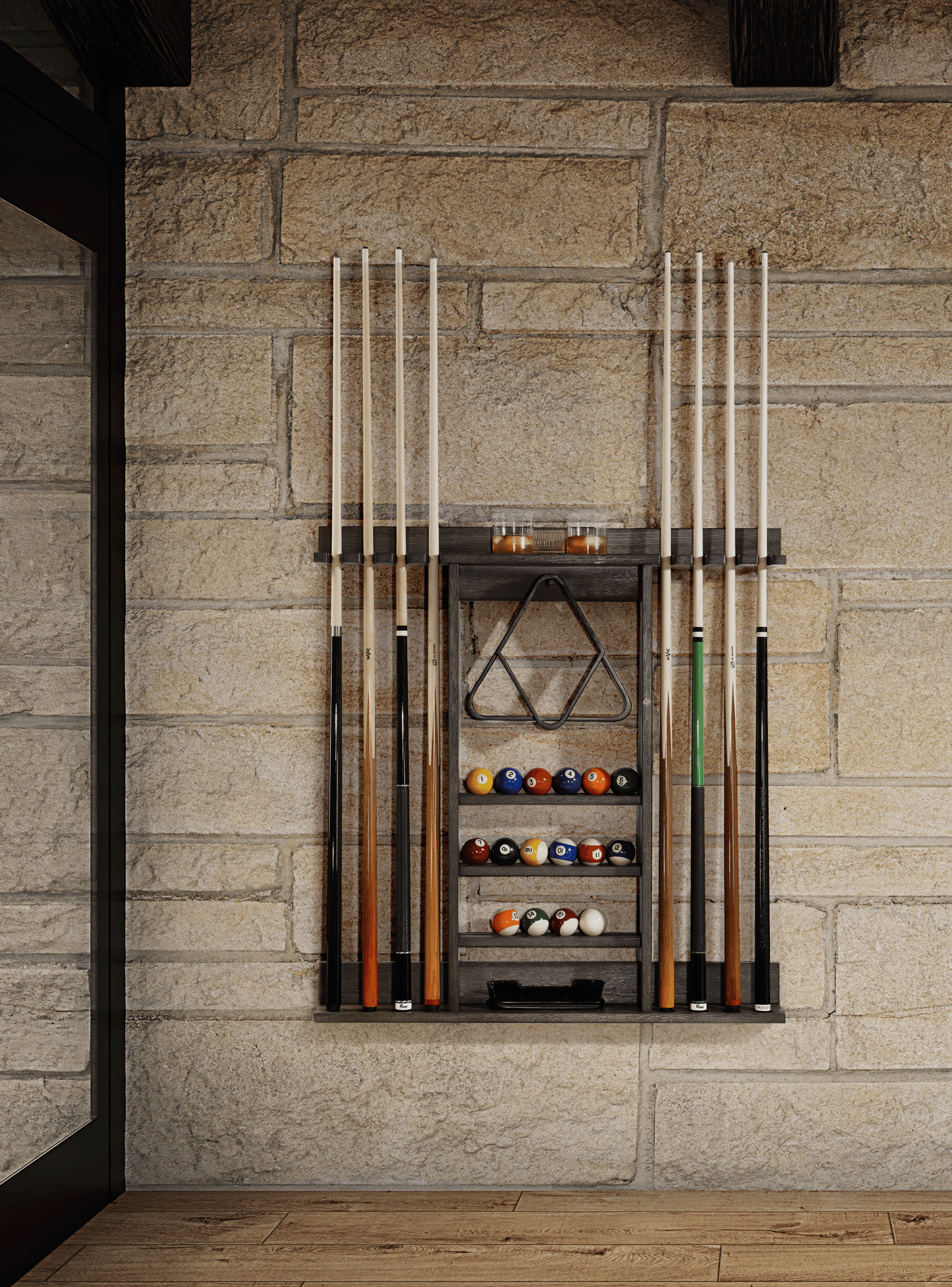 Wall-mounted rack installed on stone wall in room setting