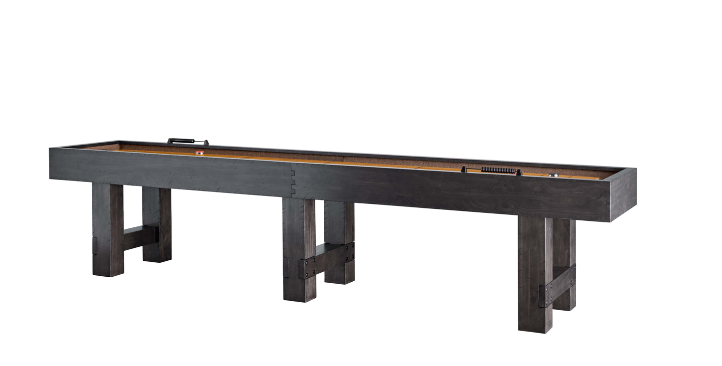 Side profile of charcoal Bristol shuffleboard table with full length visible