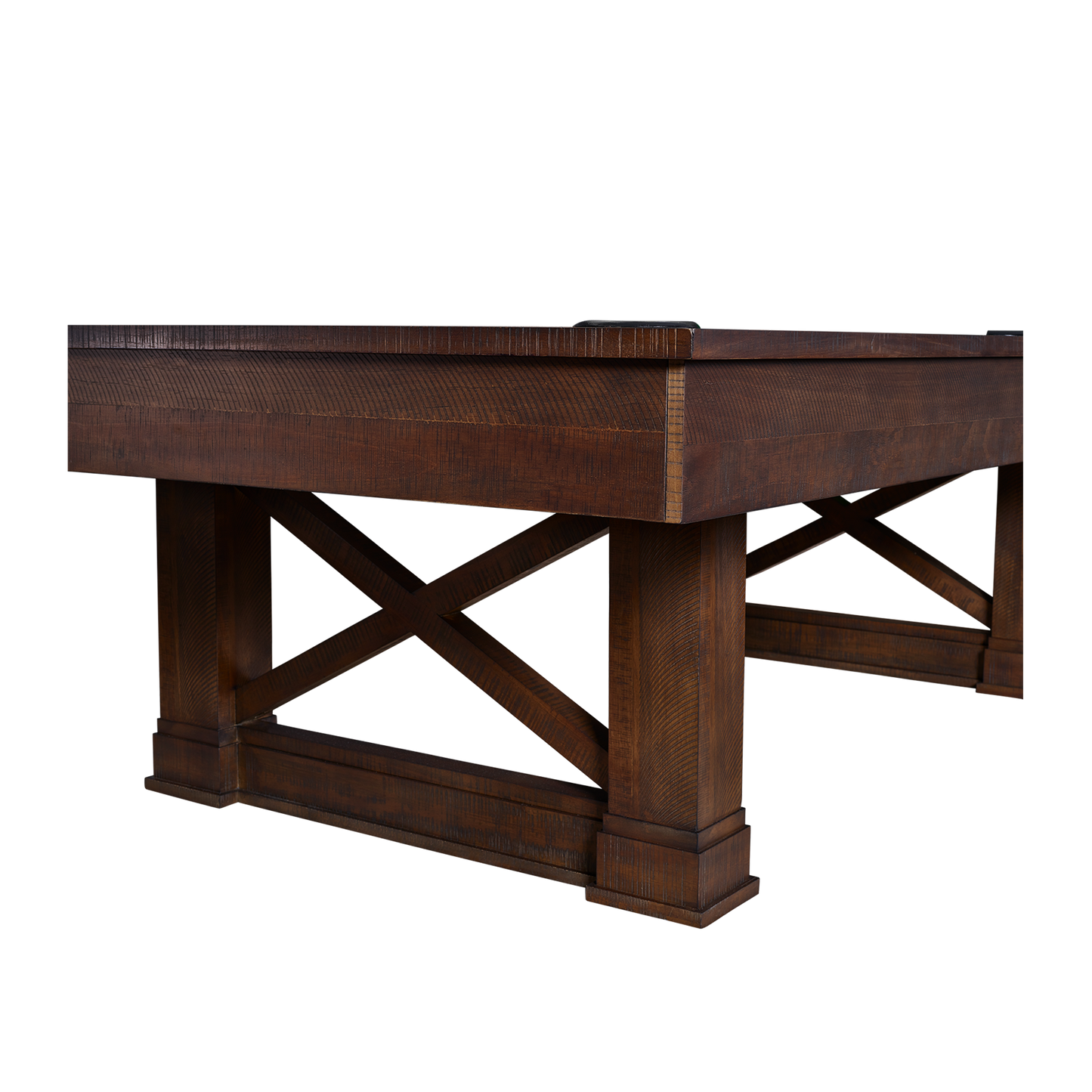Rear angled view of pool table showing X-brace support structure and base