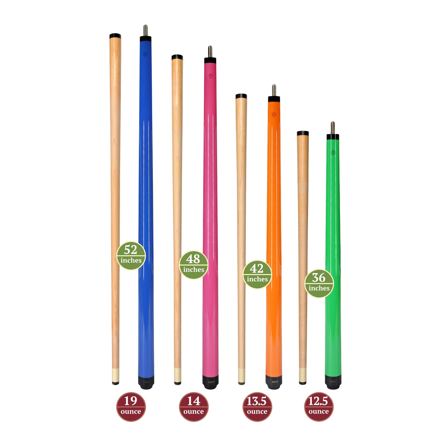 Set of Aska Mixed Length Cues SWP, Canadian Hard Rock Maple Billiard Pool Cue Sticks, Short, Kids Cues, SWP4