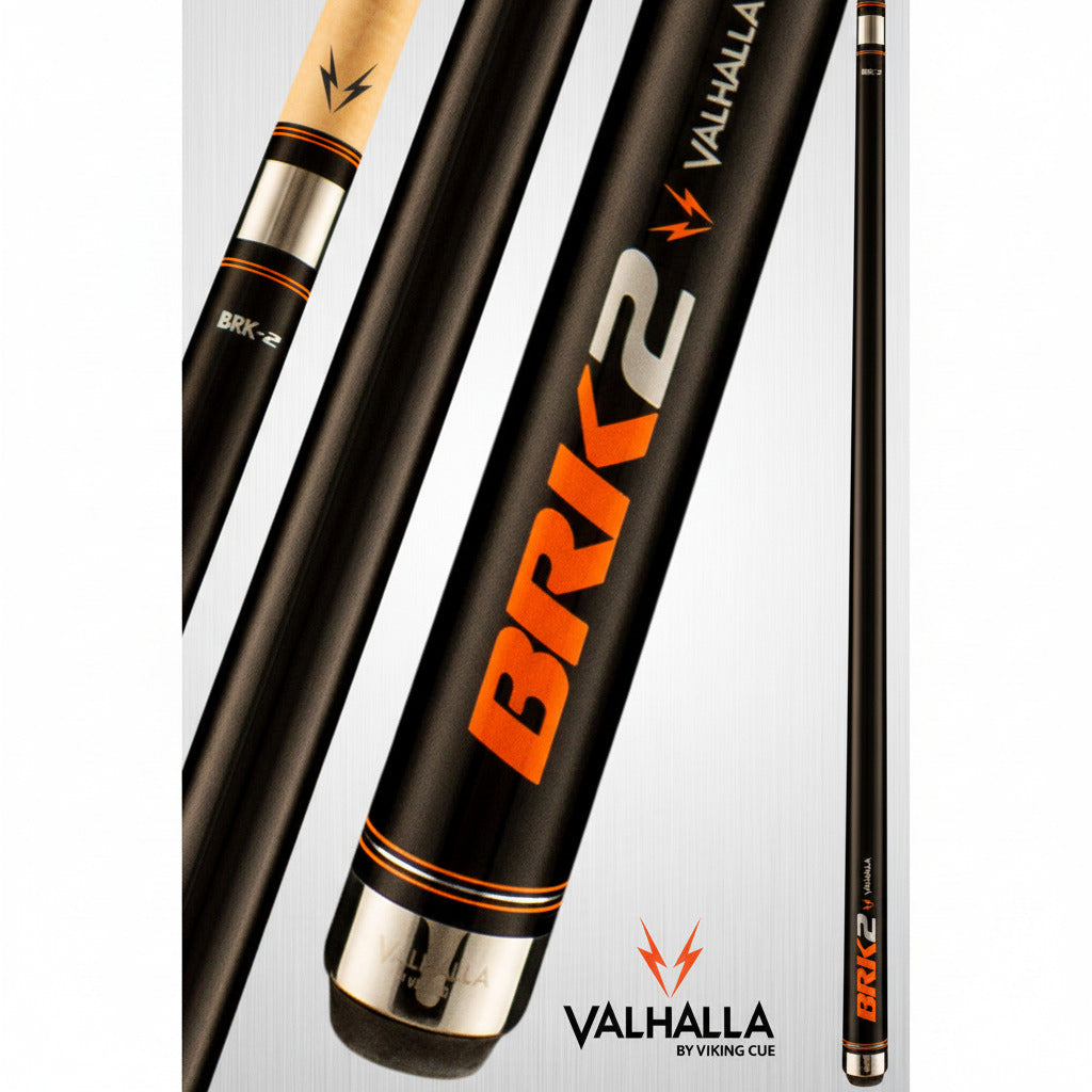 Valhalla BRK2 pool cue stick with black stain and orange accents. VA-BRK2