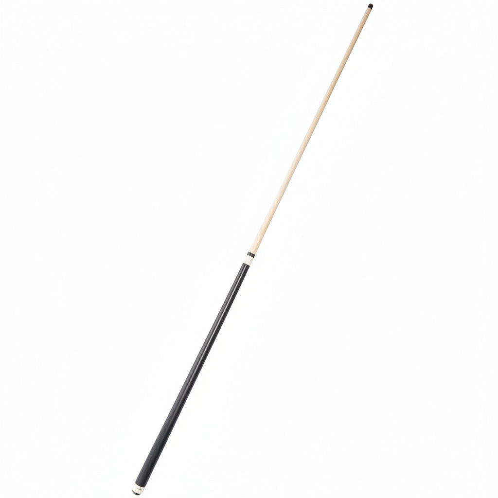 Angled view of a two-piece pool cue stick with black and natural wood finishes.