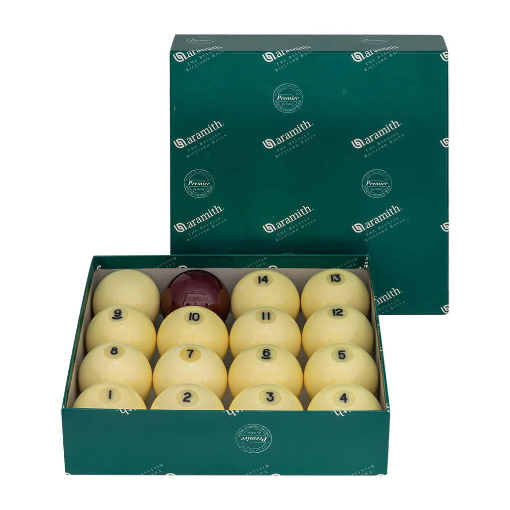 Overhead view of the billiard balls, showing numbered spheres.