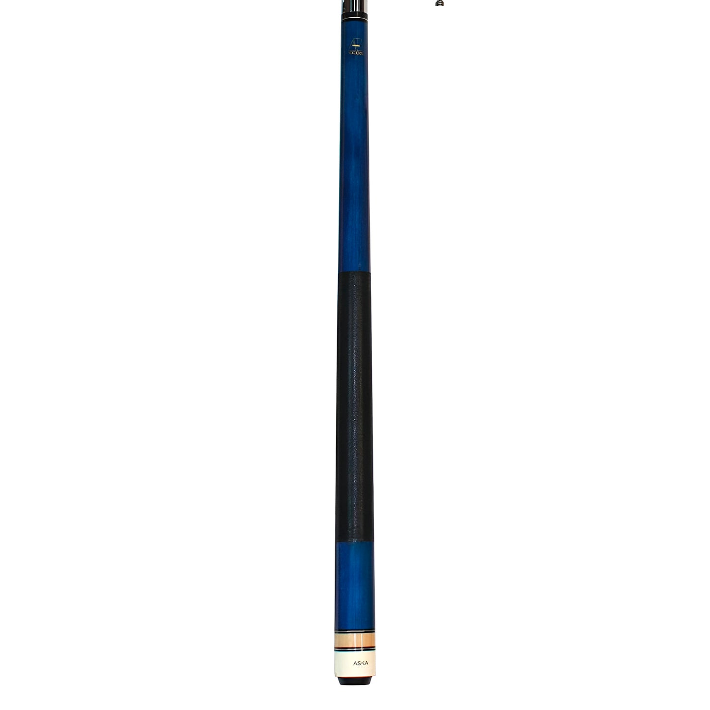 Profile view of the complete blue short pool cue.