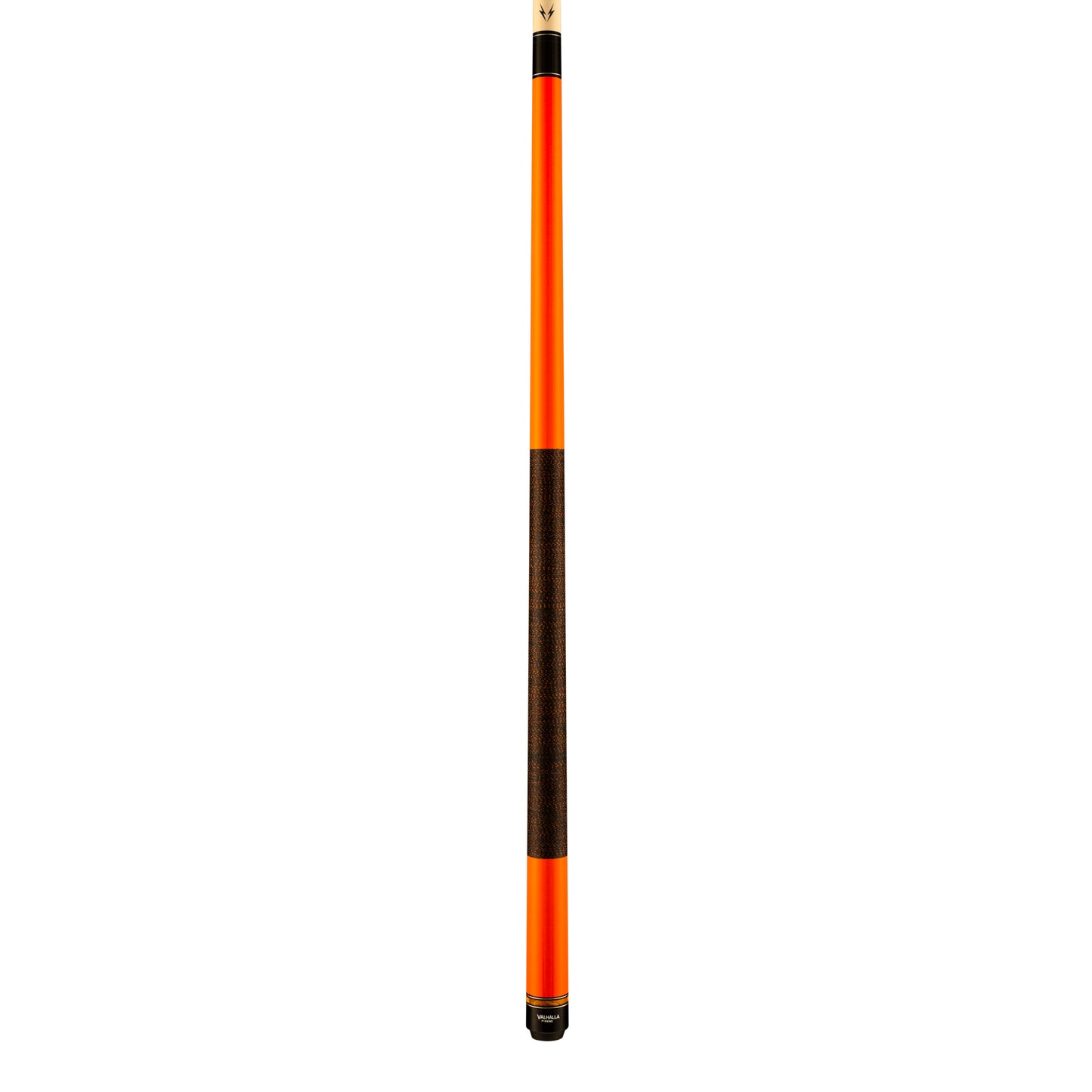 Full view of an orange pool cue stick with dark wrap.