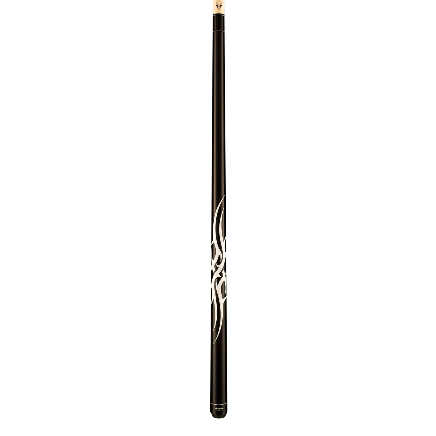 Full view of a black pool cue stick with white tribal flame accents.