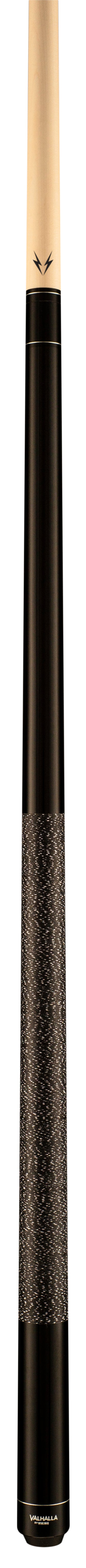Close-up view of the black stain pool cue grip with textured wrap.