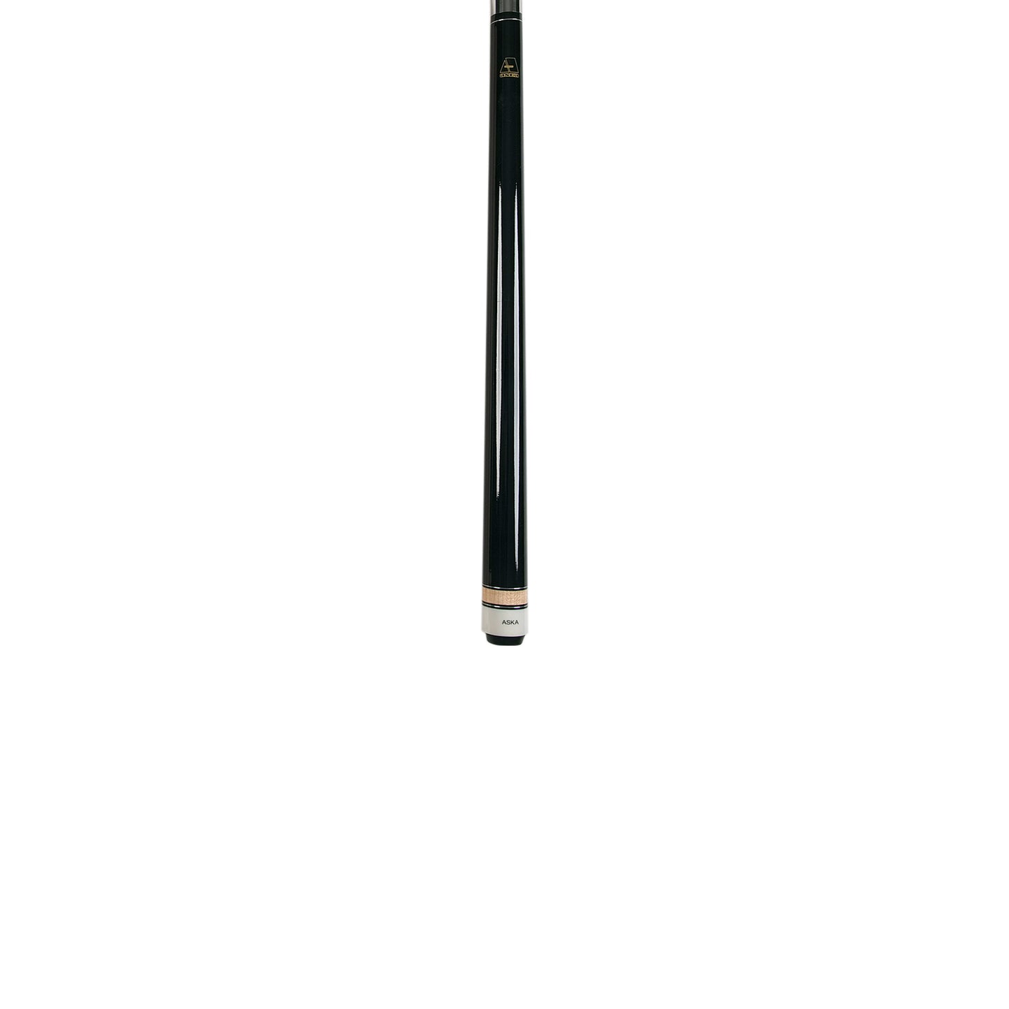 Bottom portion of a black pool cue with wood inlay detail.