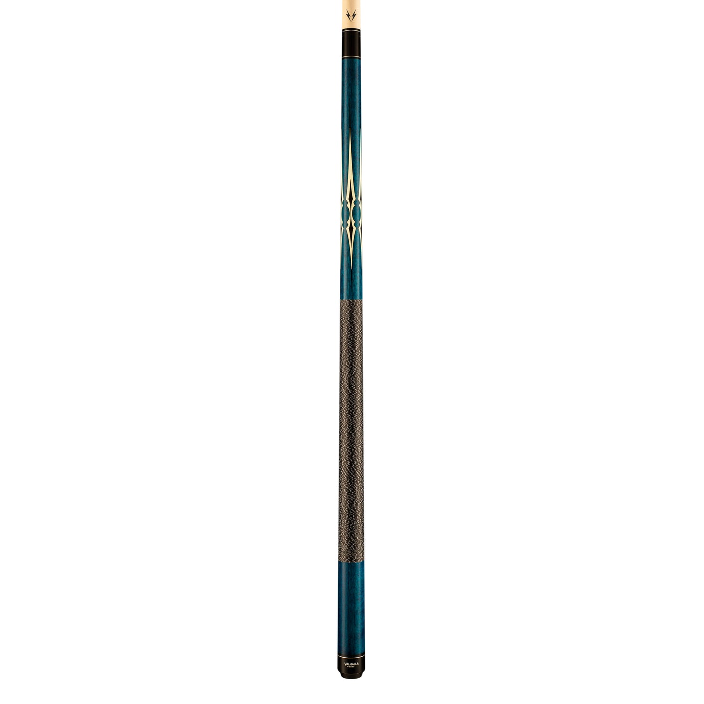 Full view of the teal pool cue showing the nylon grip.