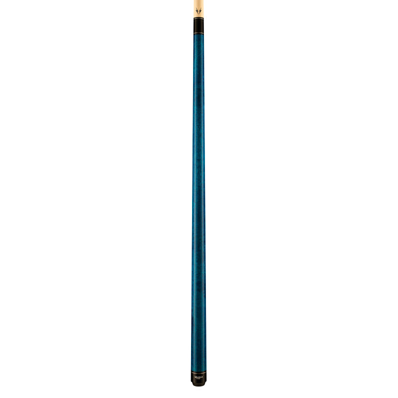 Full view of teal stain pool cue with black accent ring