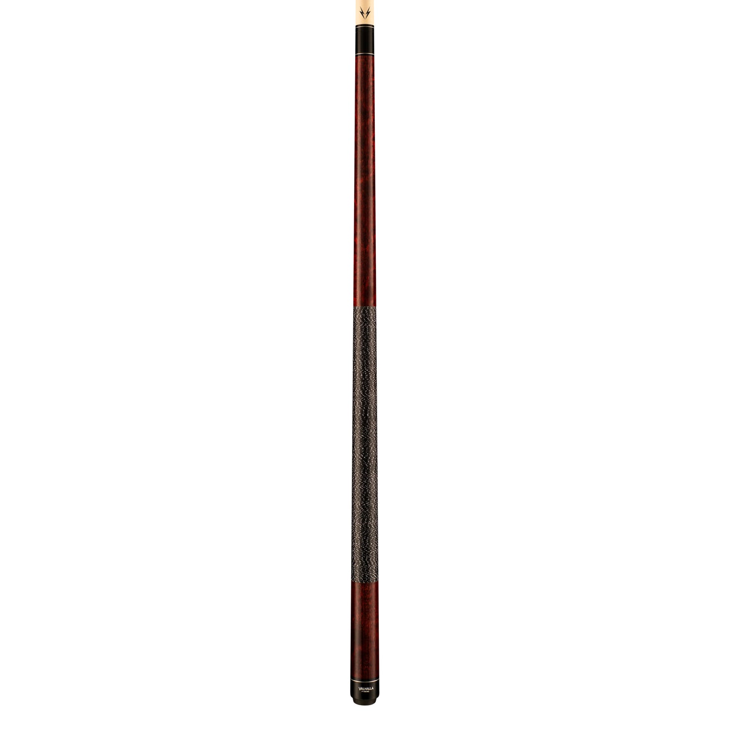 Full view of the mahogany stained pool cue stick with linen wrap.