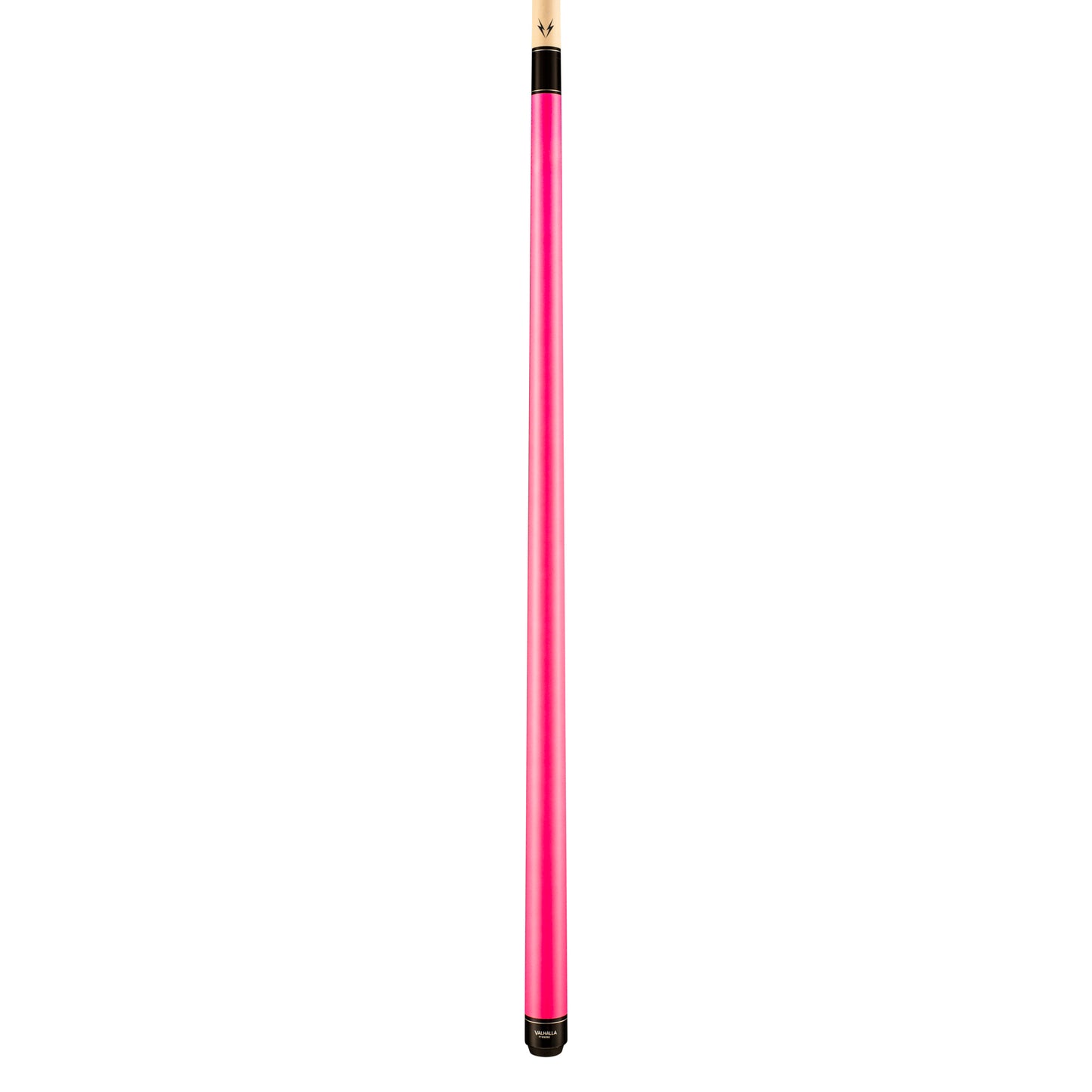 Pink cue stick with black butt cap and natural wood tip.